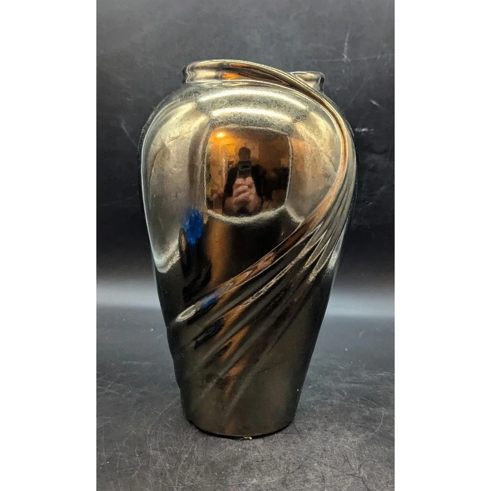 Vintage Haeger Pottery Vase Bronze Tone Swirl Pattern Ceramic 1980s 9.75